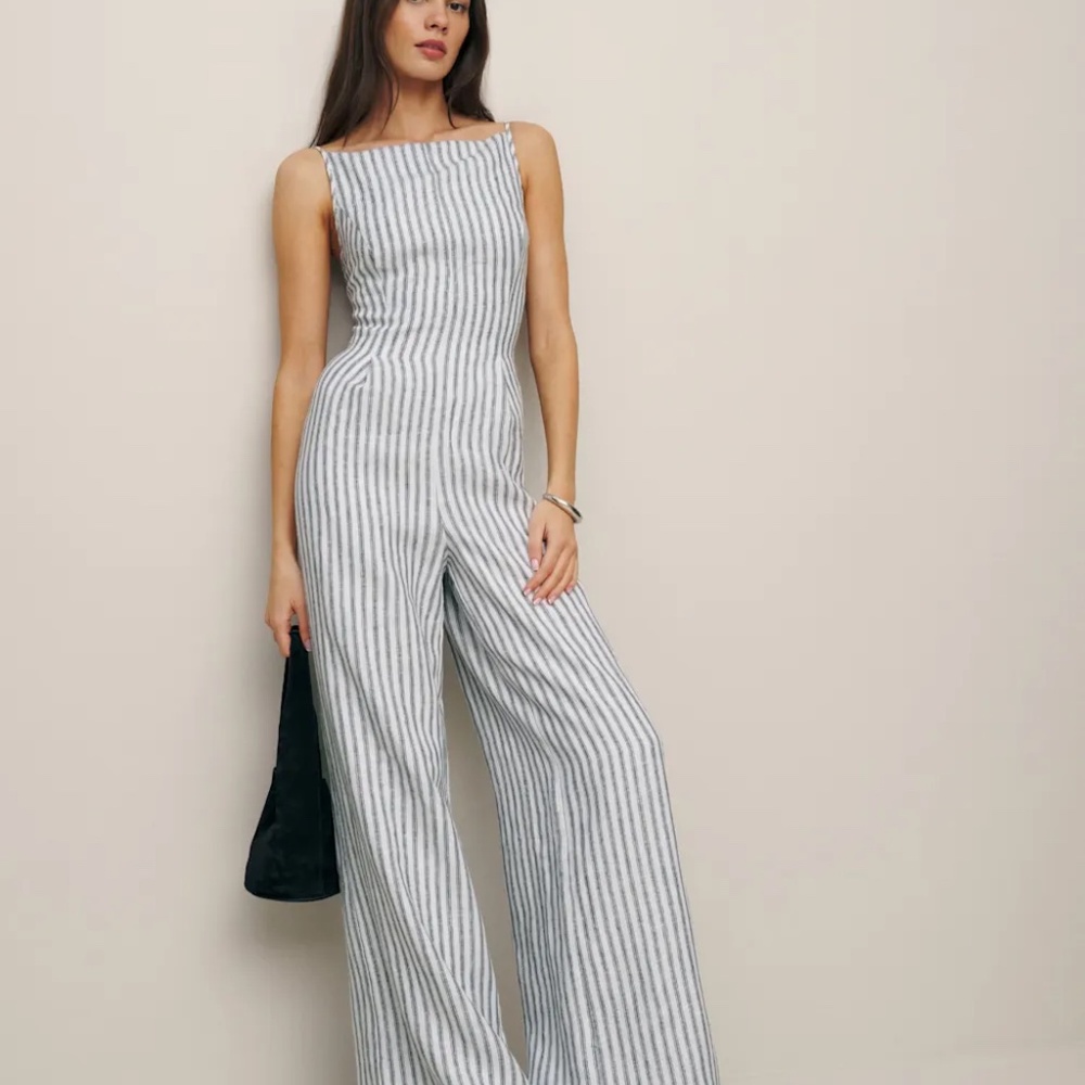 Reformation Ciara Linen Jumpsuit Antibes Stripe - Size 4